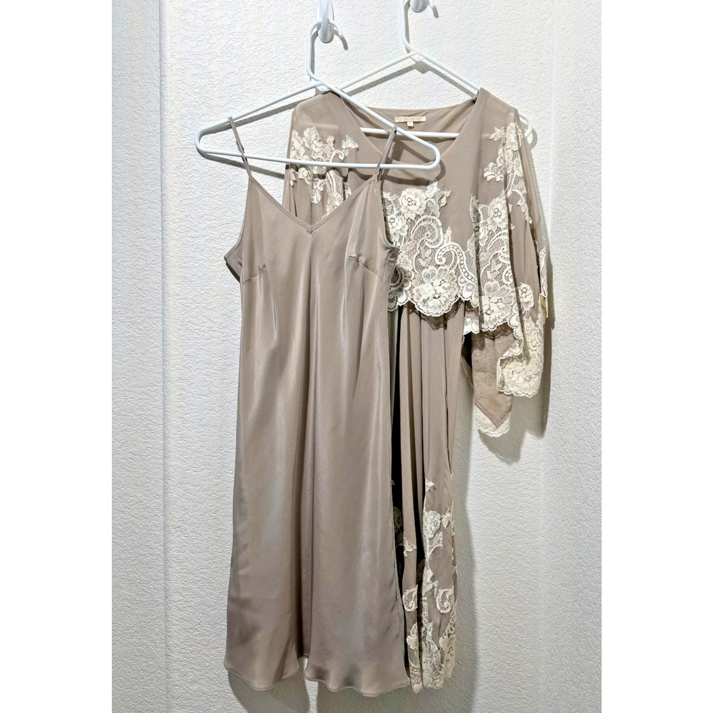 Gold Hawk Silk Slip Midi Dress Gown w Sheer Chiffon Lace Overlay 2 Pc Set Sz S